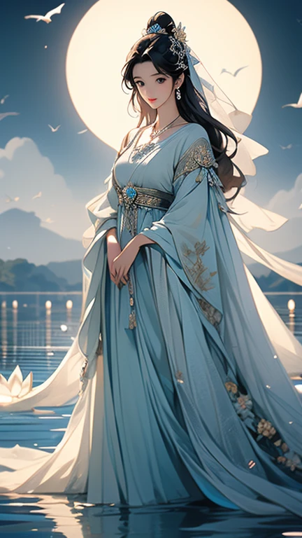 (masterpiece,Highest quality,,8k,High resolution),One female,,Compassionate Mother Kannon,Black Hair,,Wave,,Standing on the surface of the water,,flower,bird,,moon,,jewelry,Holding,Long sleeve,Veil,necklace,Lotus,Long Hair,dress,(whole body),Highly detailed CG,