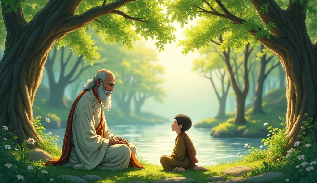 Old monk master sitting with his young monk master beside riverbank and master monk telling story to student, trees, beautiful scenario, in anime style,