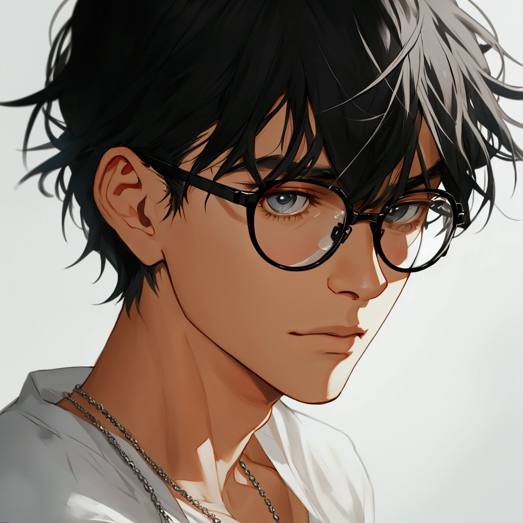 black hair, Solo male, silver Jewelry , close up, camera POV, basic white shirt , half body , emotionless face, glasses