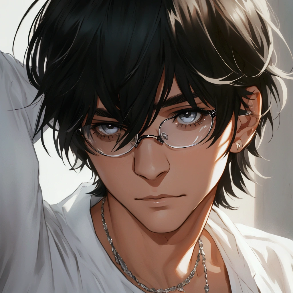 black hair, Solo male, silver Jewelry , close up, camera POV, basic white shirt , half body , emotionless face, glasses