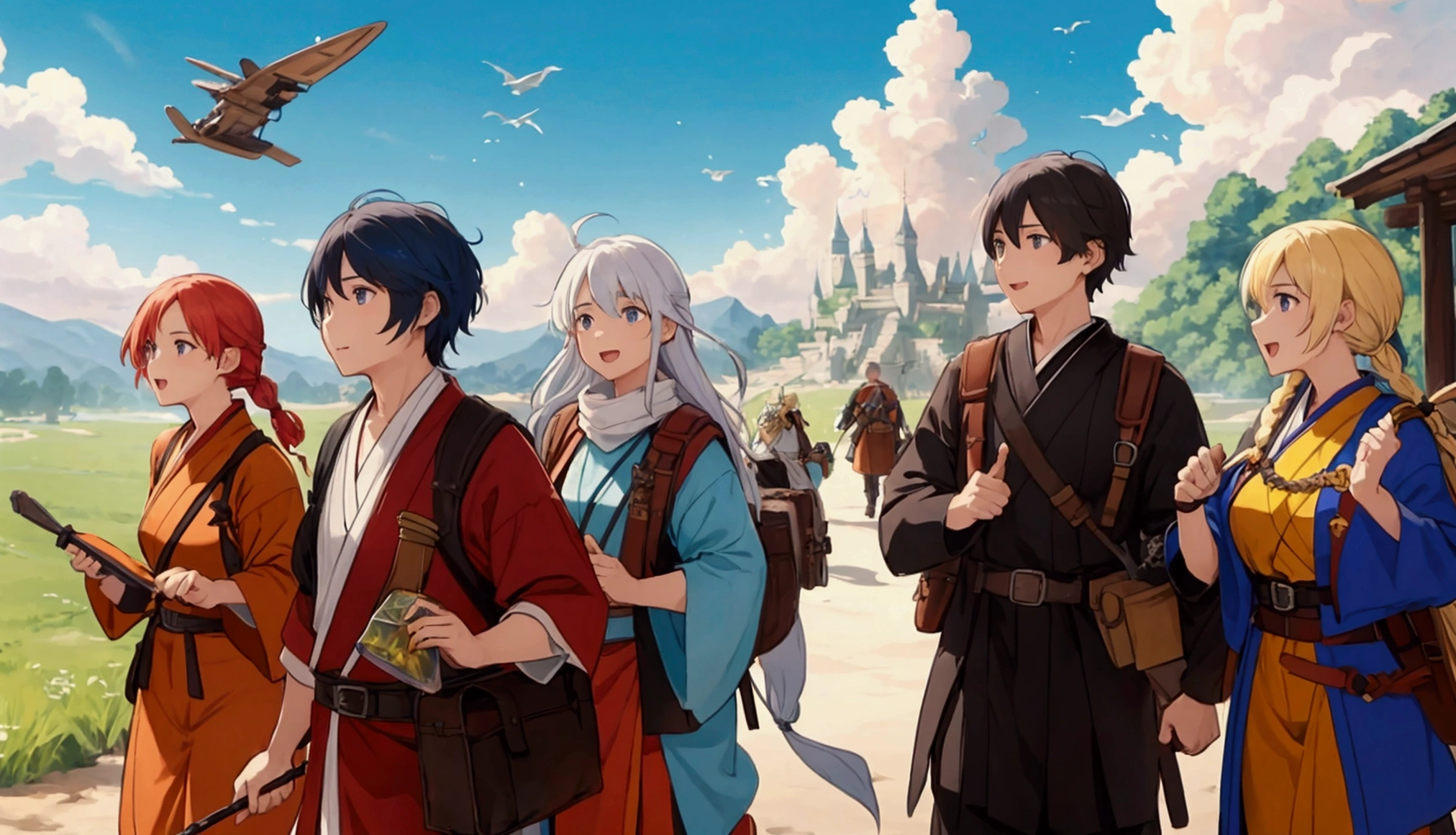 A group of brave men、Departure from the capital、Male brave、Female Wizard、Man Warrior、female monk、Group of 4、Departure Day、bright、Hopeful skies、Fantasy、excited、Western-style clothing