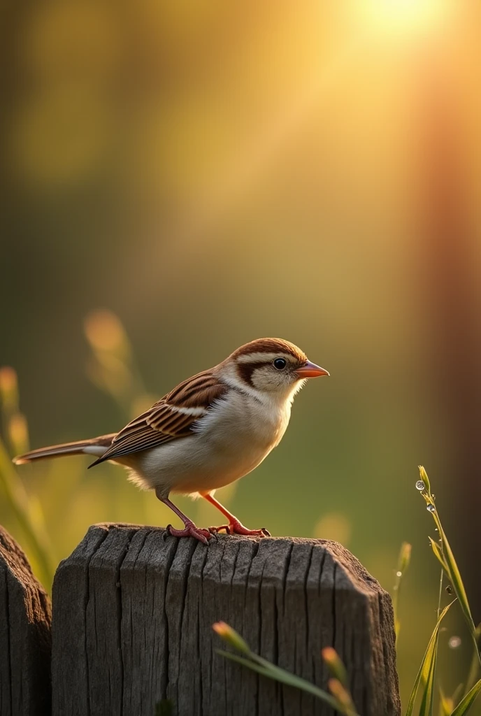 A close-up of a sparrow sitting on a rustic wooden fence, with morning sunlight casting a warm glow on its feathers.