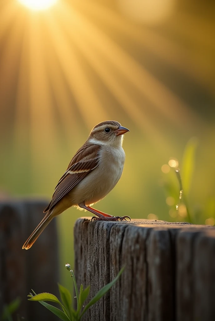 A close-up of a sparrow sitting on a rustic wooden fence, with morning sunlight casting a warm glow on its feathers.