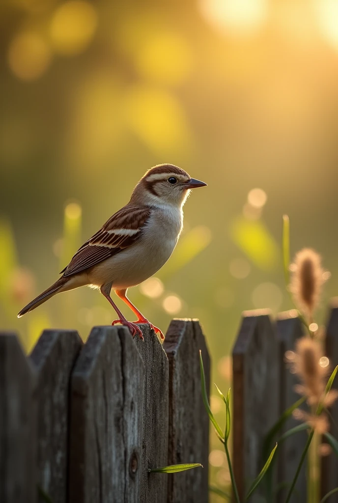 A close-up of a sparrow sitting on a rustic wooden fence, with morning sunlight casting a warm glow on its feathers.