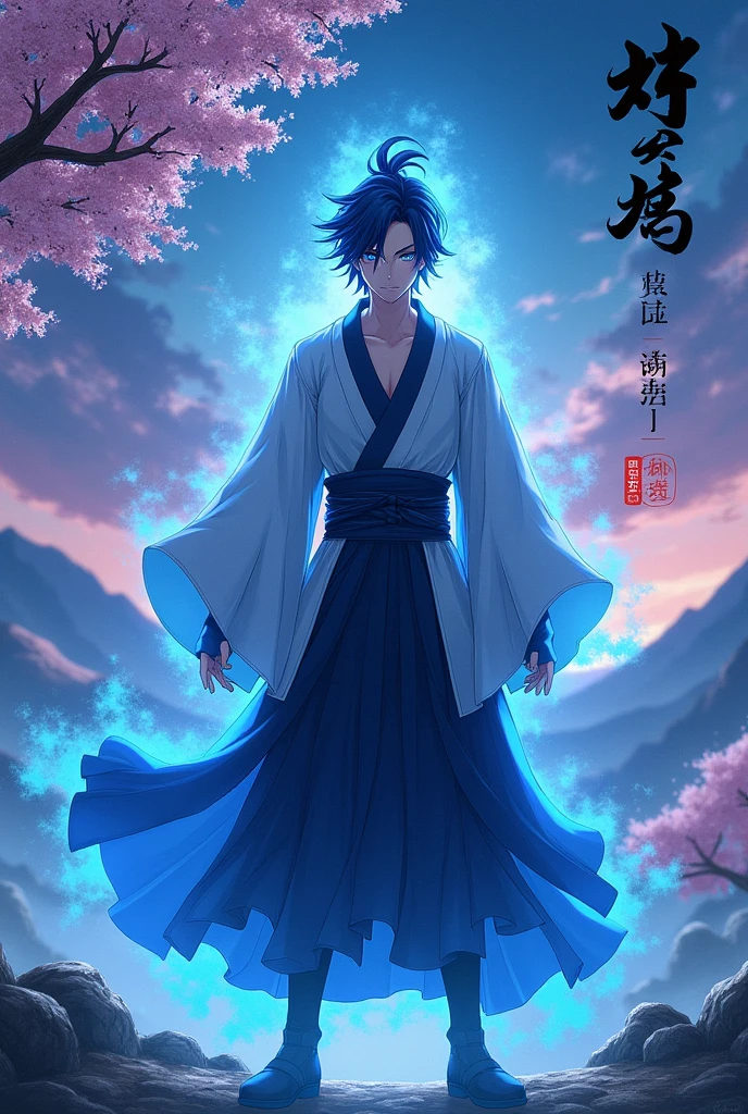 Create a character, MASCULINE with warrior style JAPANESE ANIME STYLE, black hair with a cobalt blue strand in a single hair, COBALT blue eyes and a cobalt blue aura emanating from his body. Make it like a web novel cover with the name: (The Eminent Divine Spirit), written on the cover.