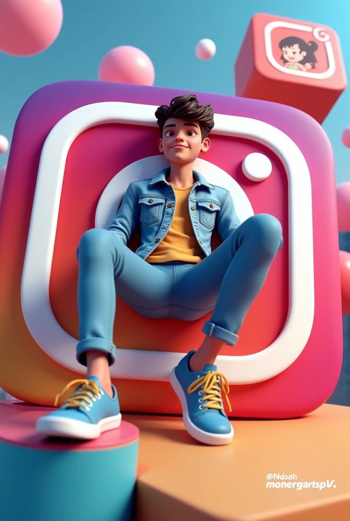 - " Create a 3D illustration of an animated character sitting casually on top of social media logo " Instagram". The character must wear causal modern clothing such as Jeans jacket sneakers shoes. The background of the image is a social media profile page with username "Noha" and a profile picture that matches animated character. "