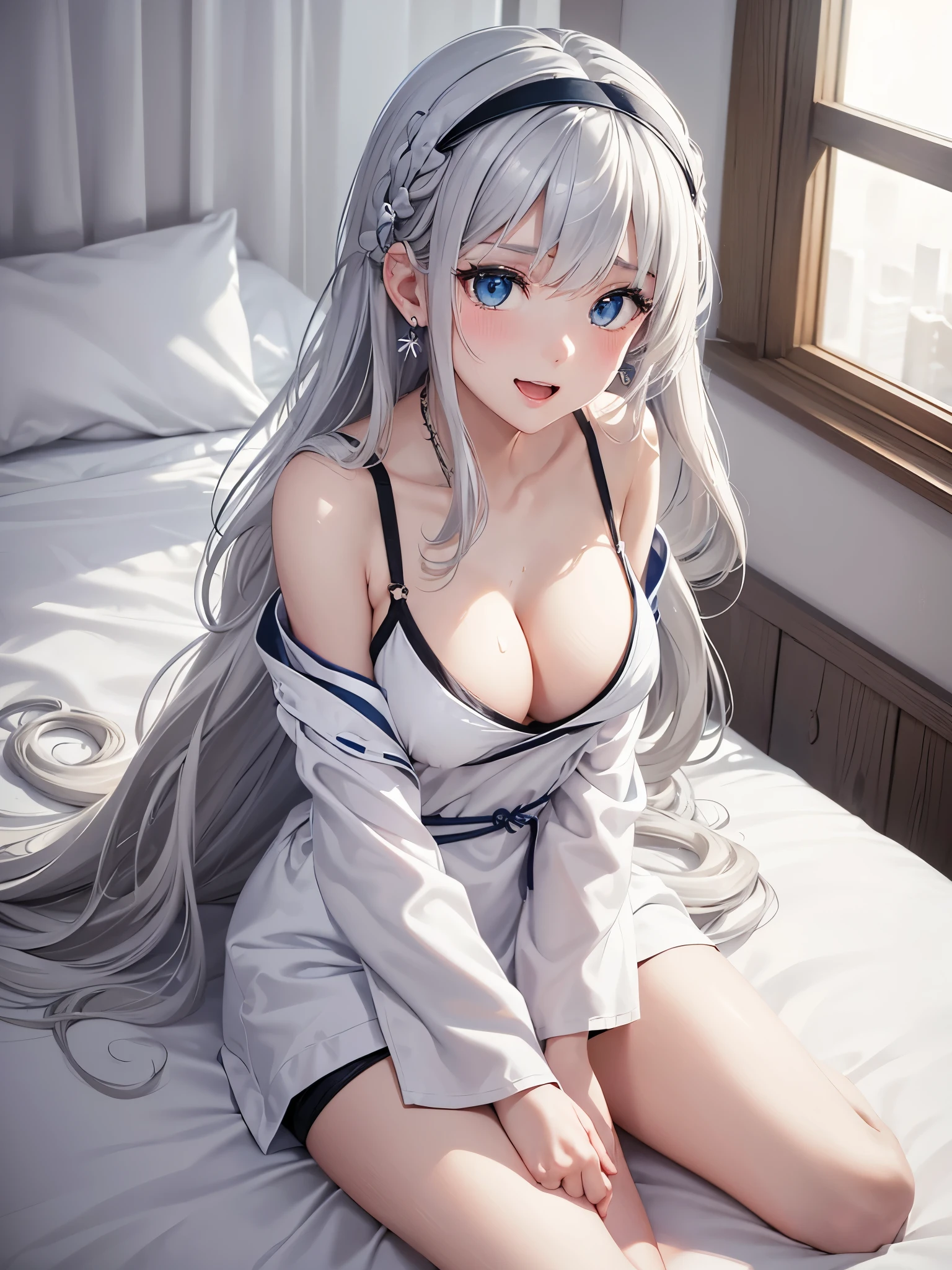 1Girl, Solo, Anime, Attractive body, nice body, nice legs, tights, nice arms, nice shoulders. (Cleavage, Medium Breast:1.2). Beautiful, Gorgeous, Fresh, Young. blue eyes. - Hairstyle: Blunt Bangs. - Hair Color: (White Grey Hair:1.5), (Straight and Wavy Long Hair:1.3),Kimono, (Sitting on bed:1.3). Earrings, Thin Black Headband, Green Accessories, Environmental Details, Bed Room, Natural Light, Modern Bed, Chair, Window, White Curtain, City View. Top view. pov, anime style, UHD, retina, masterpiece, accurate, anatomically correct, textured skin. High Resolution, Looking at viewer, Blush, Open Mouth, Best Quality, Award Winning, Accurate, Embarrassed, Seductive Smile, sweating.