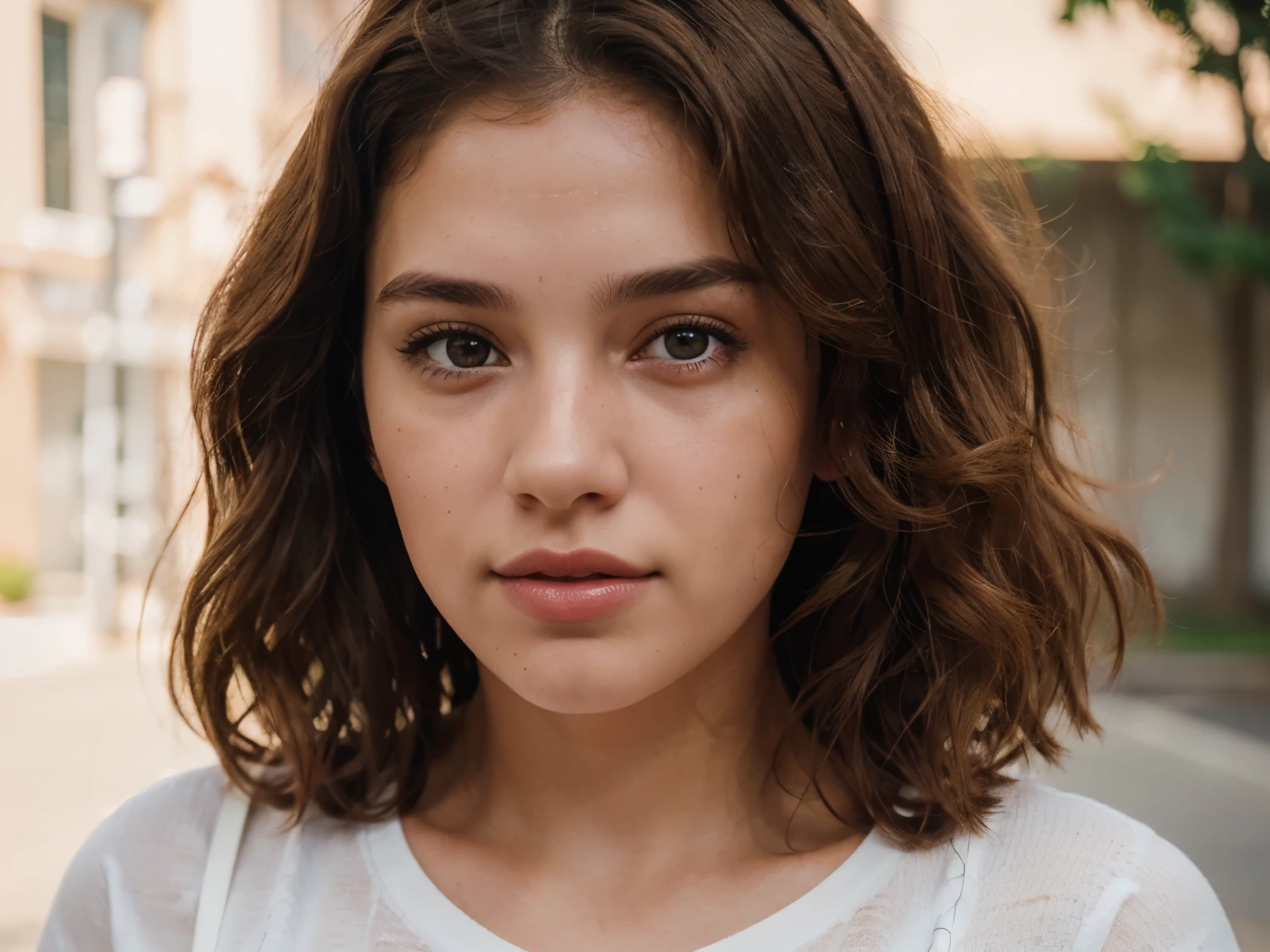 1girl, detailed portrait, brown hair, curly hair, brown eyes, pink lipstick, white t-shirt, candid pose, kodak porta 400 film, highres, photorealistic, extremely detailed, 8k, hyperrealistic, cinematic lighting, warm color tone, natural skin texture