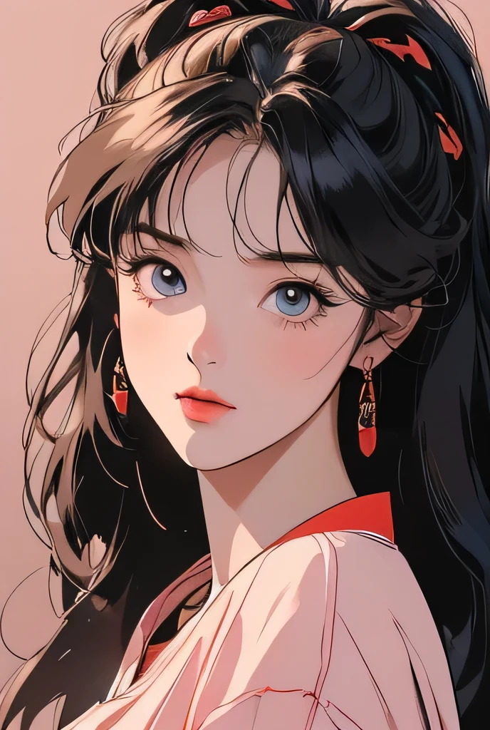 a beautiful anime girl with long hair and a red bow, wearing a shirt, (best quality,4k,8k,highres,masterpiece:1.2),ultra-detailed,(realistic,photorealistic,photo-realistic:1.37),retro anime style, 80s anime art, beautiful detailed eyes,beautiful detailed lips,extremely detailed eyes and face,longeyelashes,detailed anime portrait,intricate details,vivid colors,cool lighting,cinematic composition
