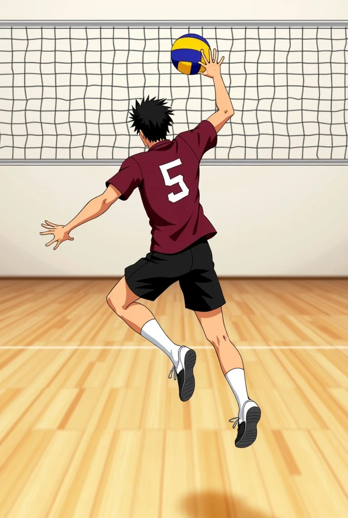 Minimalist volleyball theme wallpaper,men. Indoor. Men spiking with a last name "Monton" and a jersey number "5" . Anime men. Spiking a ball"solo", two block hair maroon jersey,black short, white sock's and shoe's. Preference: little giant from karasuno. Back view. Yhe character is facing the net while jumping and spiking with fot are bend and arms ready to hit the ball. The hands are like holding a loaded bow without the bow. Straighten the left arms horizontally in the characters front and bend the right arm in the opposite side os the life arm like pulling an arrow from a bow