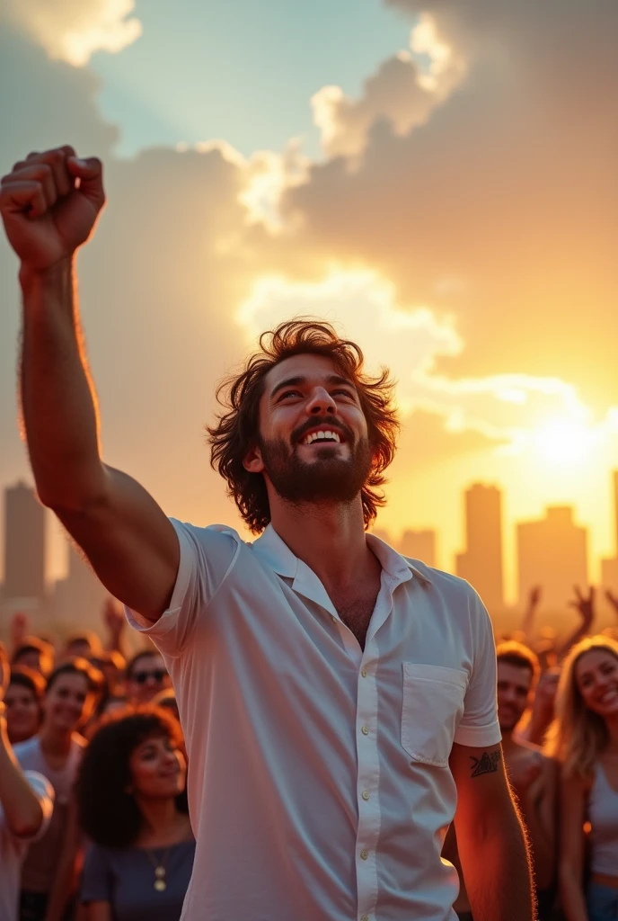 A man with dark hair and beard and wearing white shirt standing in front of a large crowd at a concert , with a bright sun in the background triumphant gesture against a dramatic sky with clouds and a cityscape in the background
