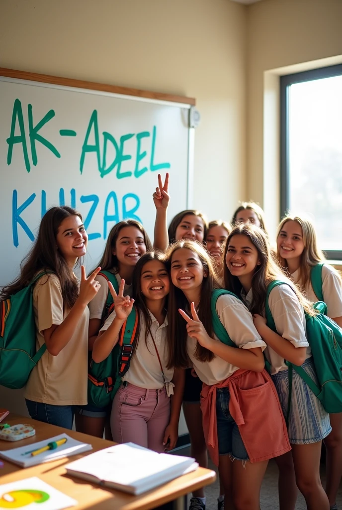 AK-Adeel khizar written on class room White board with board marker and girls taking selfies with that name