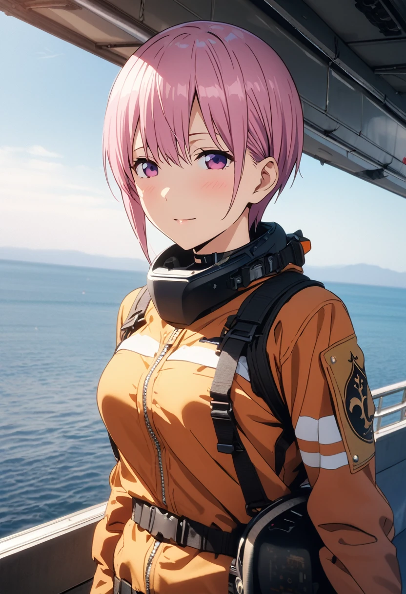 (Highest quality, 4K, 8k, High resolution, masterpiece:1.2), Very detailed, Picturesque, Anime style photo, Photo Anime:1.37)、Japanese、(Pink hair)、(pixie cut)、Standing next to an F-18 parked on the deck of an aircraft carrier、Black choker、fighter pilot suit、(((She hold under one's arm a Pilot Flight Helmet with a single fleur-de-lis on it))).、Panoramic view、Nakano Ichika