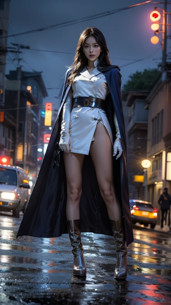 South korea asssassin's creed walk women mystery hooded on with modern royal Blue coat with long and wide sleeves with buttons and royal Blue cape and very high white heel over the knee and white gloves, As she reveals a small secret hidden blade coming from his palm , adding to the characters mysterious, with small movements of air on the cape, in summer at night under the rain, with buildings featuring curved eaves and detailed architecture. sophisticated and highly detailed, ultra hd, realistic, hyper detailed, enhanced colours, ultra sharp focus, with vibrant, rich in details High quality, gorgeous, captivating, 8k, super detailed, stunning shadows, detailed lines, blood stain on coat and gloves, corpses in the street recently murdered