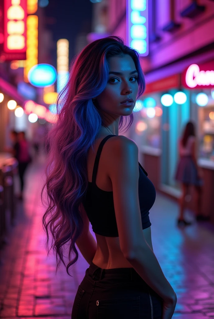 Beutiful woman in neon lights street hyperrealistic
