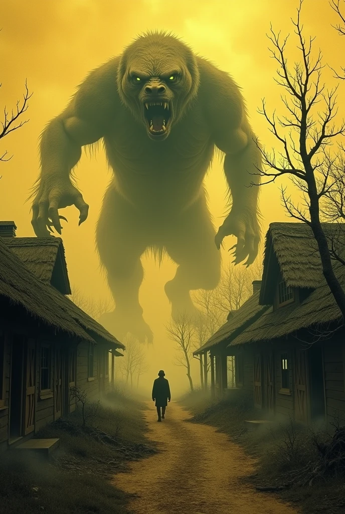 Create an image with an old aesthetic, in a yellowish tone, evoking a 19th century photograph. The scene should depict an old, abandoned village, with architecture of the time, like dilapidated wooden houses and worn thatched roofs. Include dark elements, like twisted trees and desolate fields.Add giant animals that look menacing and supernatural attacking the village. These animals must have a sinister design, with fantastic features like sharp claws, bright eyes and dark scales. They must be in an aggressive and threatening posture, creating a sense of impending terror.The scene must convey a strong atmosphere of suspense and fear., showing destruction and chaos, with the village in ruins and terrified residents trying to escape. Add smoke elements, debris and dramatic lighting effects to heighten the spooky mood.The image should have a yellowish, faded tone., with aged edges and a grainy texture to simulate the look of an old, deteriorated photograph, accentuating the effect of suspense and antiquity.