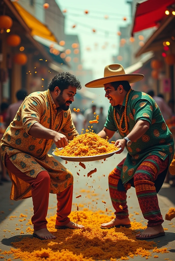 indian man beating up a mexican man with chicken biryani