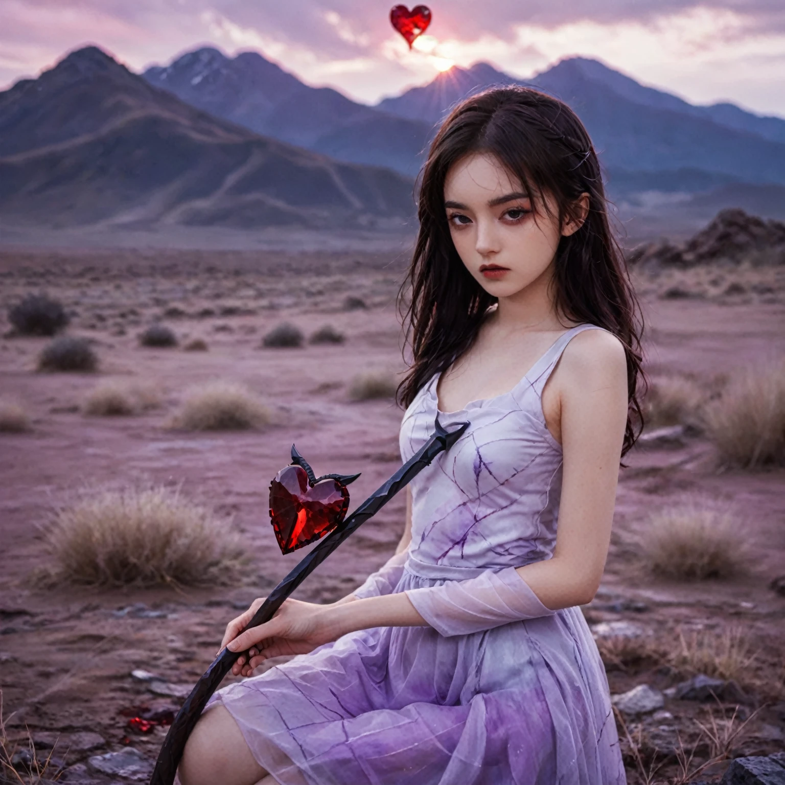 An artistic and stylized interpretation of death as a young girl. She is in a surreal and abstract landscape, where dark colors mix with intense red and purple tones. He holds a heart that appears to be made of broken glass in one hand and a scythe that glows with a soft light in the other. The scene has an air of sadness, but also of mysticism and deep symbolism.