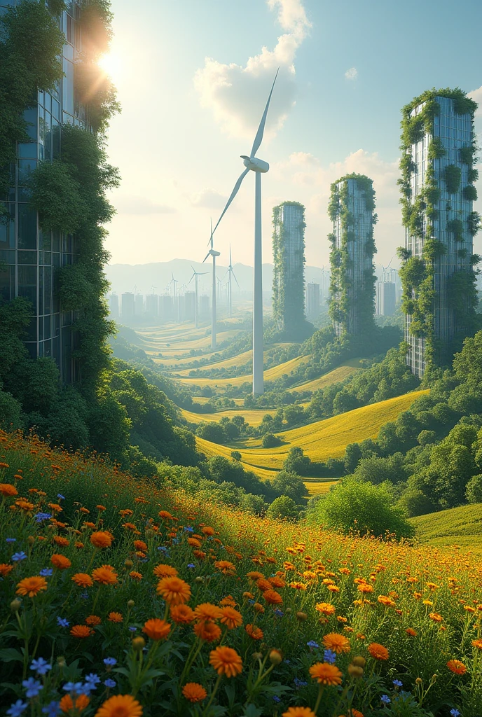 A world that uses renewable energy ,cities ,Fields ,ect
