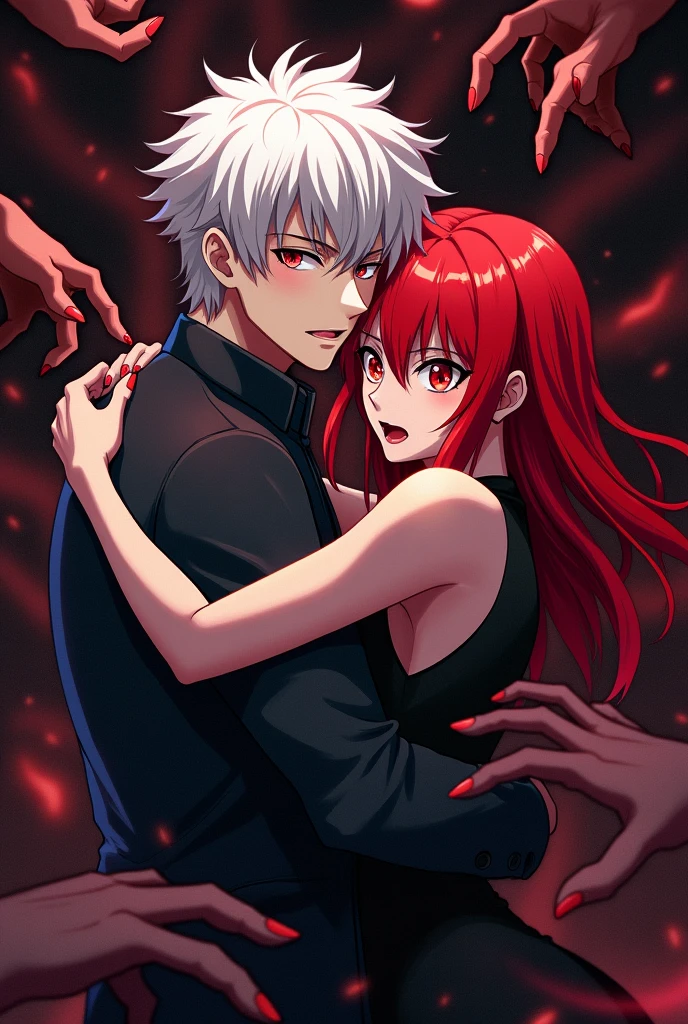 Make a white-haired man with red parts, Scarlet eyes being embraced by a redheaded woman while being chased by hands in his nightmare.
anime styling