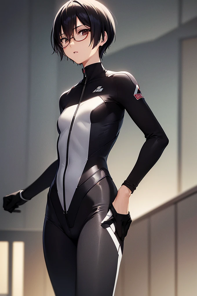 masterpiece, best quality,anime style, 1 girl,(((slender body))), (((small eyes,small breast))),(((athlete suit,glasses))),((cum)), (beautiful face), (((short hair))), (((straight hair))), ((((black hair)))),detailed beautiful skin, (perfect hands, perfect anatomy),scream