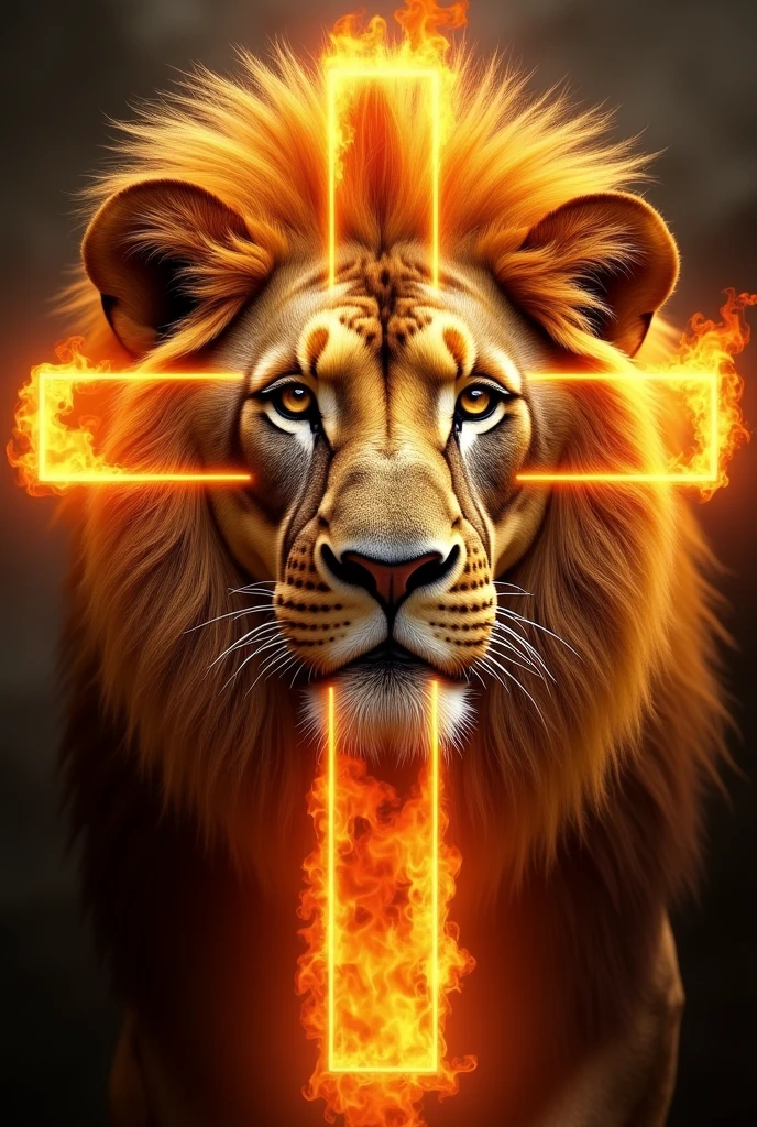 Create an image of a lion's face with a transparent, flaming cross in the middle of its face.