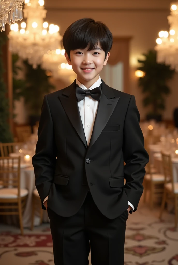 Korean boy who look like woo ji-ho but with super cute face pale skin and adult face but cute with tuxedo suit black but chubby teenager