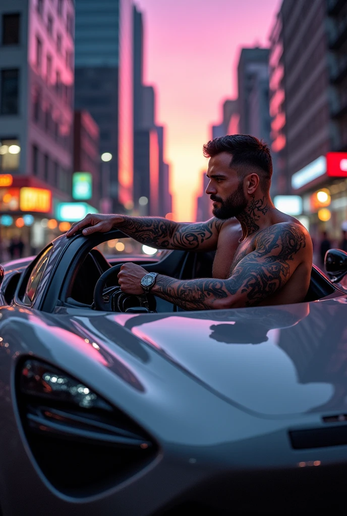 Man with tattoos in a McLaren 765LT