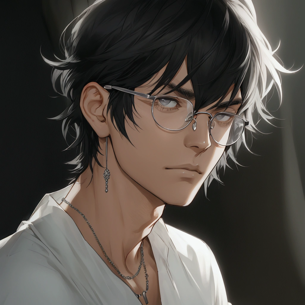 black hair, Solo male, silver Jewelry , close up, camera POV, basic white shirt , half body , emotionless face, glasses