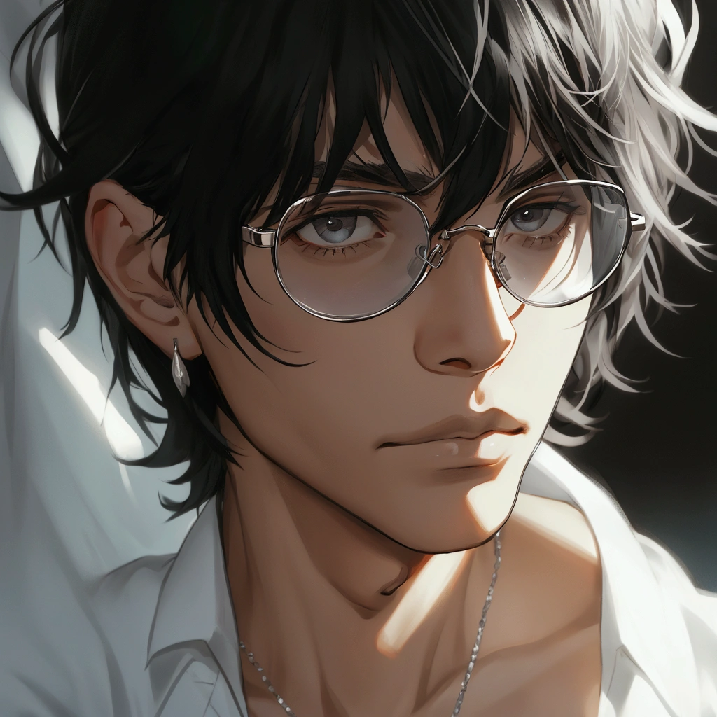 black hair, Solo male, silver Jewelry , close up, camera POV, basic white shirt , half body , emotionless face, glasses
