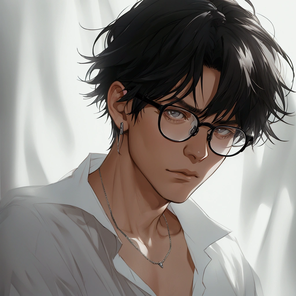 black hair, Solo male, silver Jewelry , close up, camera POV, basic white shirt , half body , emotionless face, glasses