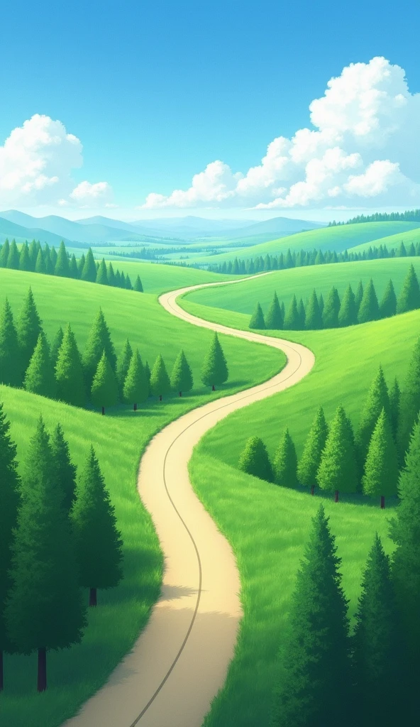 A long winding road stretching into the horizon through a serene landscape. The road is surrounded by lush green fields and distant trees under a bright blue sky with soft clouds. The scene evokes a sense of calm, persistence, and journey, symbolizing progress and the unknown ahead.