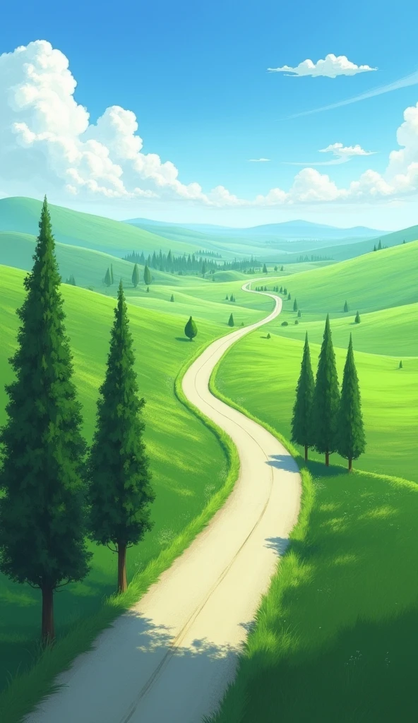 A long winding road stretching into the horizon through a serene landscape. The road is surrounded by lush green fields and distant trees under a bright blue sky with soft clouds. The scene evokes a sense of calm, persistence, and journey, symbolizing progress and the unknown ahead.