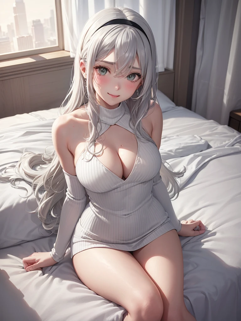 1Girl, Solo, Anime, Attractive body, nice body, nice legs, tights, nice arms, nice shoulders. (Cleavage, Medium Breast:1.2). Beautiful, Gorgeous, Fresh, Young, Blunt Bangs.(White Grey Hair:1.5), (Straight and Wavy Long Hair:1.3), Virgin Sweater, (Sitting on bed:1.3). Earrings, Thin Black Headband, Green Accessories, Environmental Details, Bed Room, Natural Light, Modern Bed, Chair, Window, White Curtain, City View. Top view. pov, anime style, UHD, retina, masterpiece, accurate, anatomically correct, textured skin. High Resolution, Looking at viewer, Blush, Best Quality, Award Winning, Accurate, Embarrassed, seductive smile, sweating,Naughty Face, Naughty, Gradient Eye Color.