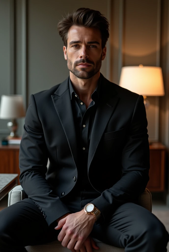 Image of man, handsome white skin, sucked, chichón, strong and big, with black suit, sitting in front of a desk , with one hand between the legs 