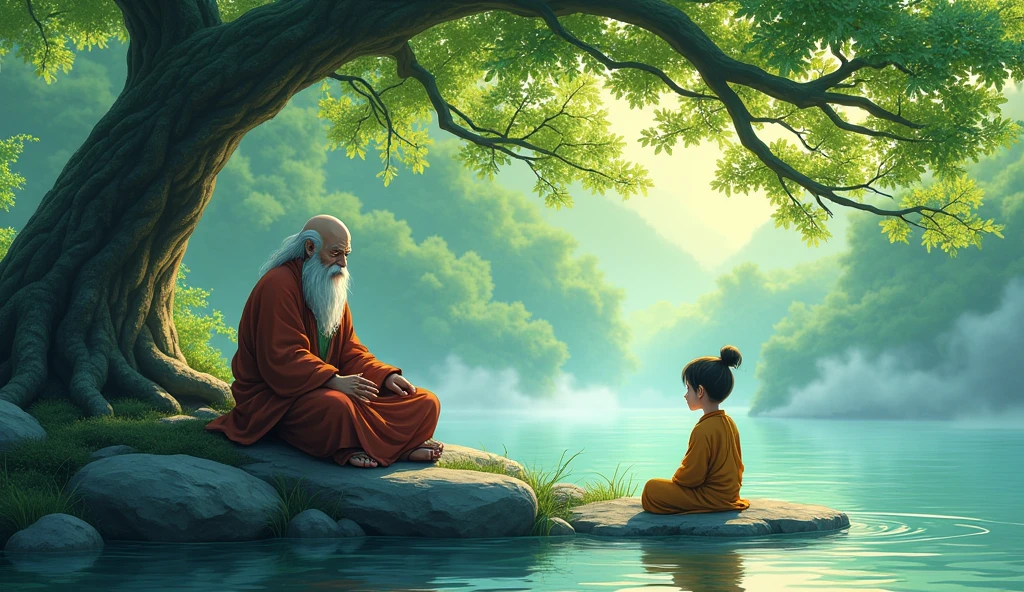 Old monk master sitting with his young monk master beside riverbank and master monk telling story to student, trees, beautiful scenario, in anime style,