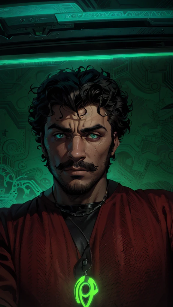 "A 19 year old young man, with curly hair, wears a green shirt that contrasts with his intense and enigmatic gaze. He sports a thin mustache and a small beard on his chin., that add an air of mystery to your look. Ao fundo, a neon green light emanates a dark atmosphere, highlighting your face dramatically. The artistic style of the image is similar to a comic book villain, with deep shadows and striking features that highlight his imposing appearance. Your eyes convey confidence and cunning, and his smile is slightly curved, suggesting Machiavellian intentions. The aura around you is intimidating, as if he was plotting something grand and dangerous."