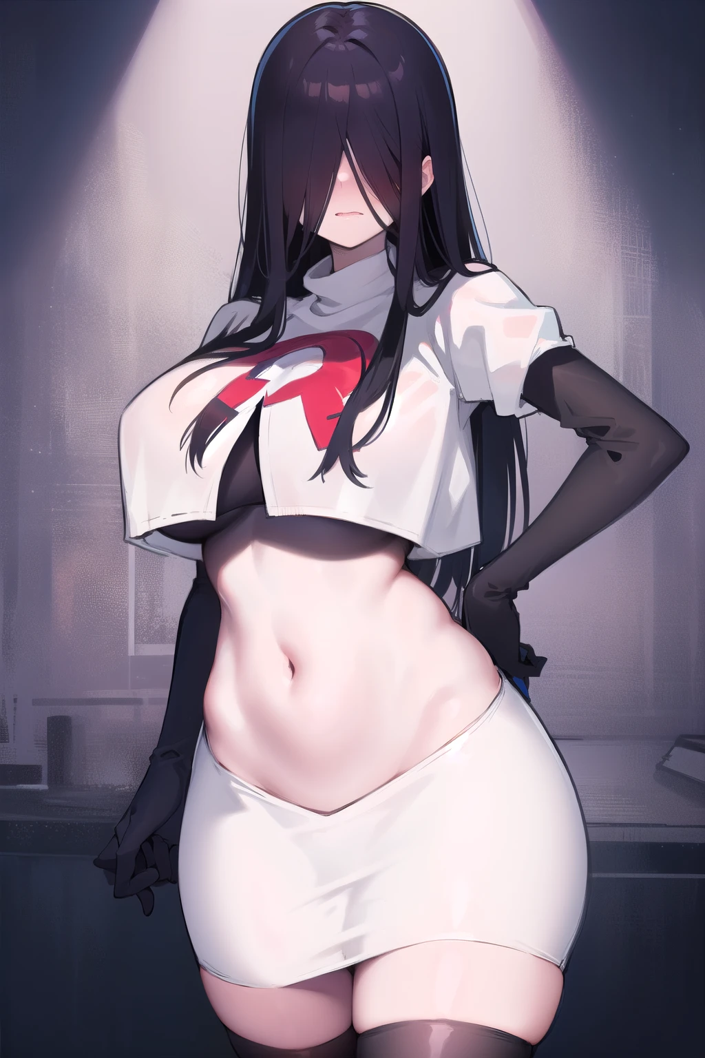 masterpiece, detailed, high quality, absurdres, sadako, (hair over eyes), pale skin, blush, large breasts, curvy, navel, stomach, groin, team rocket,team rocket uniform,white skirt,red letter R,crop top,black thigh-highs,black elbow gloves, cowboy shot,