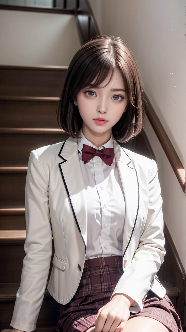 最高品質のwork,actual work,Ultra Premium Graphics,8K HD CGオペレーション,High quality graphics,고화질 CG work,10x pixels,Extremely fine detail:1.1,Advanced Technical Details:1.1 Real,(sitting cross-legged on the stairs)Natural light:1.5. Lighting Effects(virtual Lighting Effects:1.8),、Short black bob hair and lip gloss)Hairstyles with great attention to detail(Premium Hair Detail:1.1)Clear Eyes,Beautiful double eyelids,Sharp eye makeup, Delicate eyelash makeup, Thin eyebrows, Very fine particles,High nose, I like red lips, Rose Cheek, Modest makeup face , Cute Face, Perfectly balanced face,(Advanced Face Detail:1.1),The Shining,very coolドレス,Bright Red Series,((Front open wet white blazer)) 、(透け感のあるWet白いブラウス)、(Red bow tie)、(Wet Check Skirt)、、 、photo shoot,woman'work,Full body portrait,realism,very cool,My eyes are shining today too、(8. she'that'Wet)),(Sudden rain、Wind),(Windでスカートが舞い上がる),(I can see your pants)、Are standing