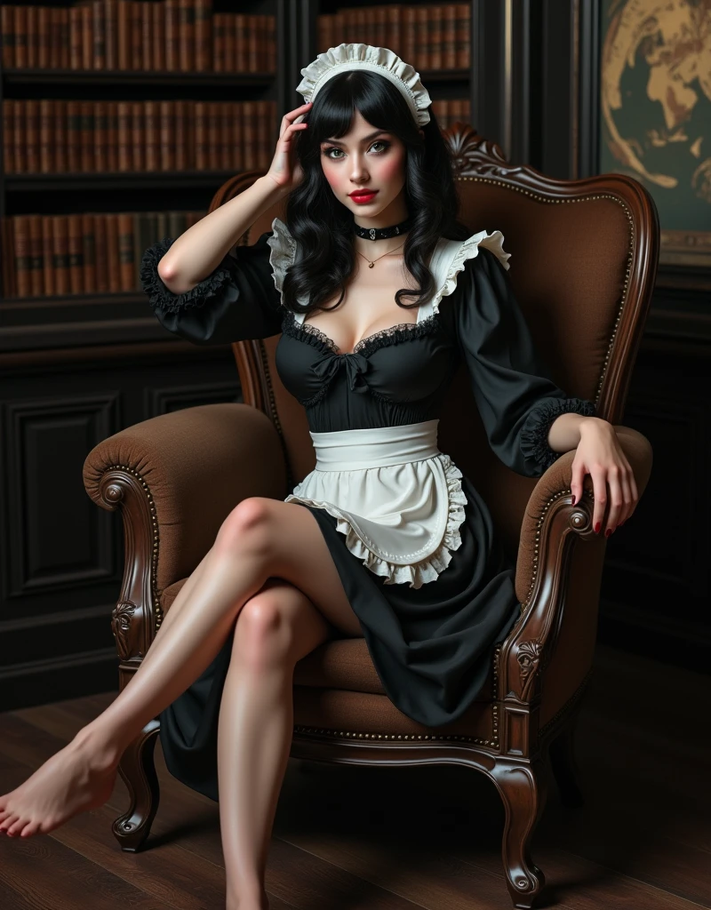 (masterpiece, best quality:1.3), (bottom view from the feet) hyperrealism, sharp images, photorealistic texture shot, (Full body portrait), (highly detailed face:1.4), (highly detailed skin:1.4), (20 years old woman), she has very black wavy hair, she has breast size 1.3, detailed hd beautiful dark green eyes, lips marked with red lipstick, flirtatious look, big light green eyes, bold black eye shadows, huge eyelashes, (She is wearing a flirty maid outfit in black with white with bordered and thin, very realistic clothing details, She is not wearing pantyhose), she has one hand behind her head, and the other near her mouth (smile:0.7), she is sitting on the corner of a chair, Photo with emphasis on bare feet (background inside dark, moody, private study:1.3)
