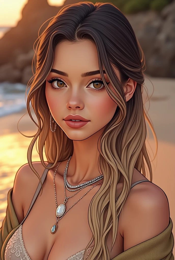 1girl in, age19, Solo, Long hair, Colossal , Looking at Viewer, blondehair, Bare shoulders, Brown eyes, jewely, Full body, a necklace, off shoulders, Sweaters, Realistic, A sexy, cleavage, medium breasts, bikini, sexy ass