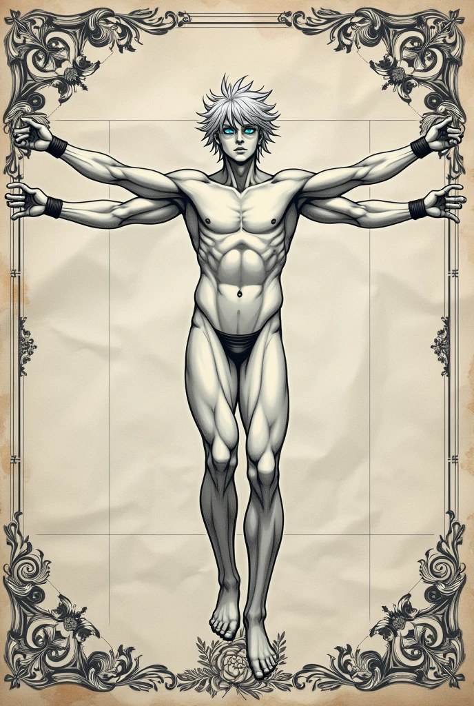Satoru Gojo in Vitruvian man style (baroque style on wrinkled paper )in black and white highlighting his light blue eyes