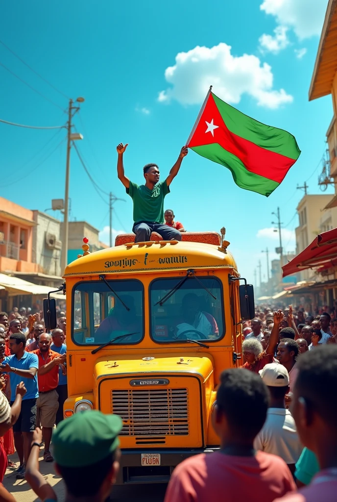 Facebook profile picture of somali driving a bus with somalia flag and somali people cheering.