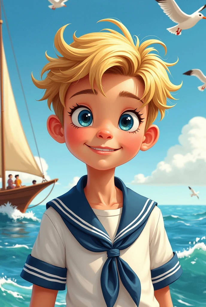 Book illustration of a young man with blonde hair, blue eyes and pink lips wearing a sailor outfit 