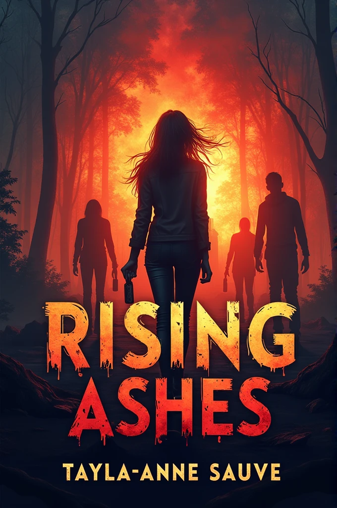 Create a book cover called Rising Ashes By Tayla-Anne Sauve that’s about a bunch of teenagers trying to survive a zombie apocalypse