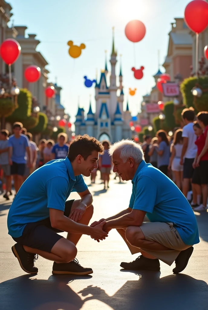 A young  man named Steve with blue shirt helps a rich old man named dereck lying on street At Disneyland usa 