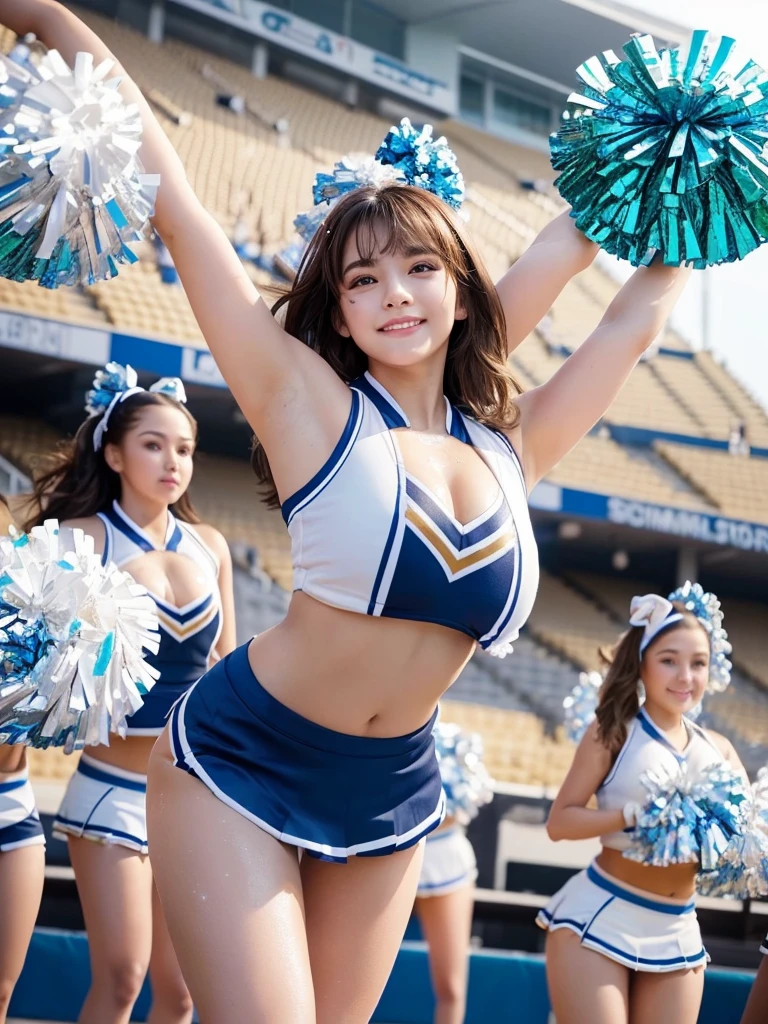 masterpiece,Highest quality,Very detailed,High resolution,(Realistic,photoRealistic:1.37),Excellent anatomy,One beautiful woman,18-year-old,height:152 cm,White Cheerleader,(Holding big pom-poms in both hands:1.5),Big smile,cheer leading,Cheerleader uniform,(shape),Micro Pleated Mini Skirt,No underwear,((Very delicate and beautiful)),((Stadium Background:1.2)),Brown Hair,Long Hair,bangs,Very beautiful face,Cute type,Big Natural Color Lip,Small and cute nose,Big eyes,Brown eyes,Obvious double,Shiny highlight spots around the eyes,Character Focus,Tilt your head,The best light,Best Shadow,mysterious,Perfect Face,Very detailed,Soft Skin,(Glowing Skin,Sweaty:1.3),Beautiful legs,Voluptuous thighs,Plump body,Huge breasts,(Expresses the roundness and softness of the chest area..........1),Beautiful body,(Perfect Woman),Lift your legs,Skirt flip,Bold sexy pose,((cheer dance pose:1.5))
