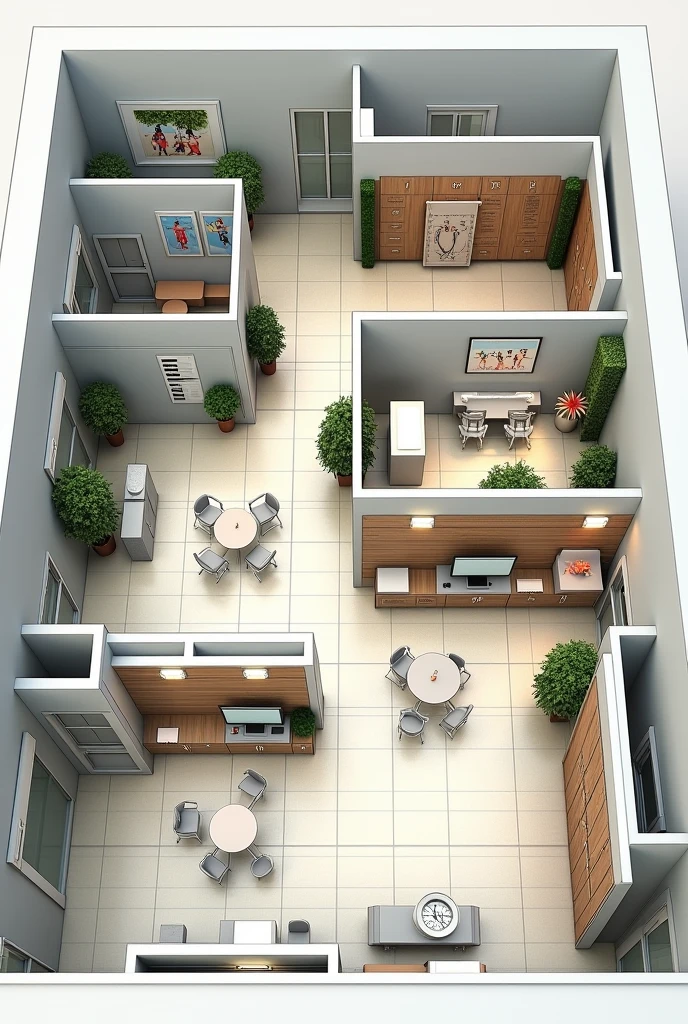 Create blueprints for the physiotherapy area within a hospital, including adjacent areas.