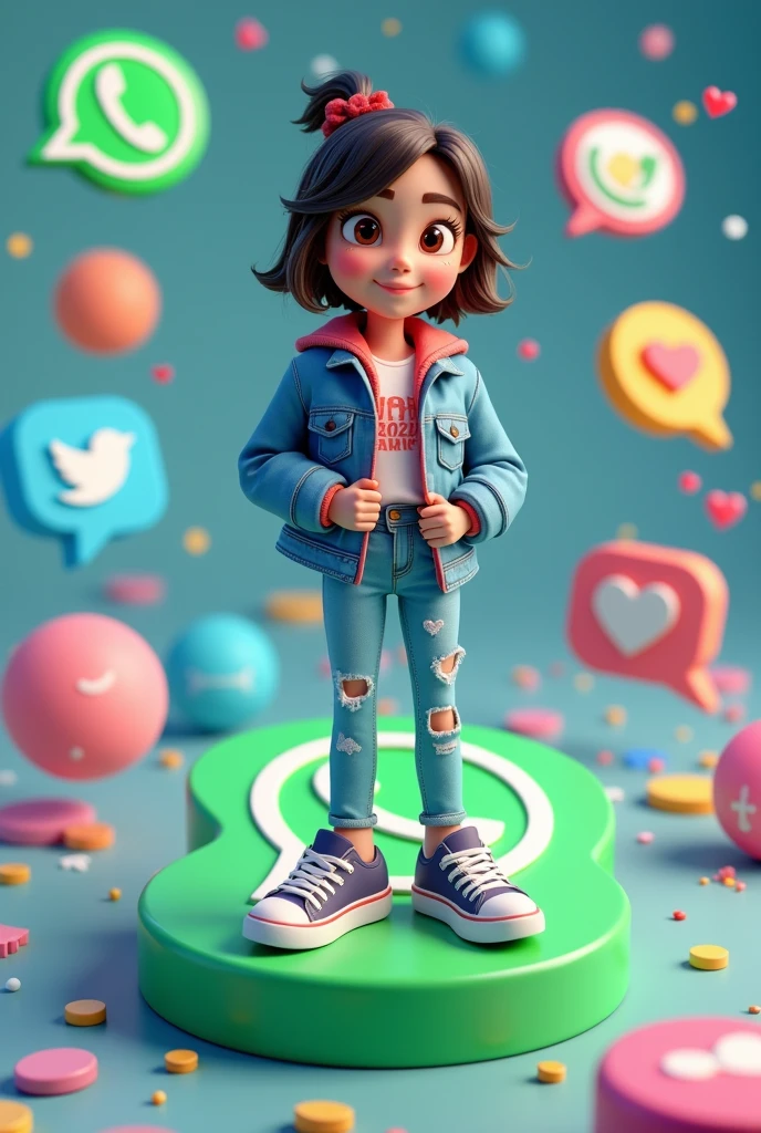 - " Create a 3D illustration of an animated character standing casually on top of social media logo " Whatsapp". The girl character must wear causal modern clothing such as Jeans jacket sneakers shoes. The background of the image is a social media profile page with username "Noha Nazreen" and a profile picture that matches animated character. "