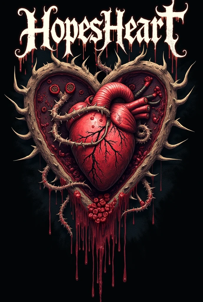 Hyper realistic , 4k, ultra realistic,A Deathcore Metalcore band logo with the text “HopesHeart” at the top center. The text  “Broken Chromosomes” at the bottom center. Logo needs to include a very bloody heart getting ripped out of a females  chest with thorns, bloody DNA strands, horror, gore, body parts, body organs, gory body heart ripped out 